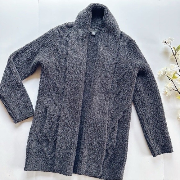 NEW Barefoot Dreams Cozychic Open Knit Cardigan Sweater Dark Gray - Picture 2 of 6